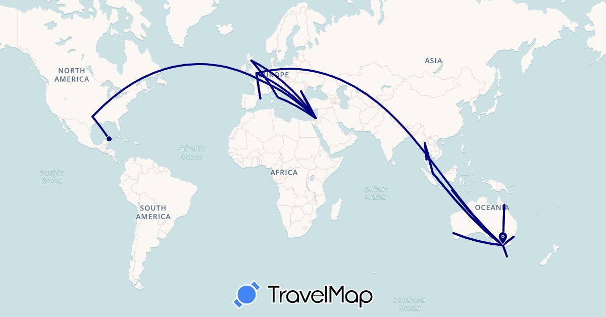 TravelMap itinerary: driving in Australia, Cyprus, Spain, France, United Kingdom, Indonesia, Israel, Italy, Mexico, Romania, Singapore, Thailand, United States (Asia, Europe, North America, Oceania)